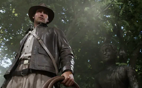 An HD PC desktop wallpaper featuring Indiana Jones from Indiana Jones and the Great Circle, standing confidently with a whip, surrounded by a misty, mysterious forest ambiance.