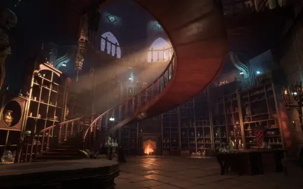 A stunning HD wallpaper from the video game Dragon Age: The Veilguard, featuring an ornate staircase and atmospheric lighting in a beautifully detailed library setting.