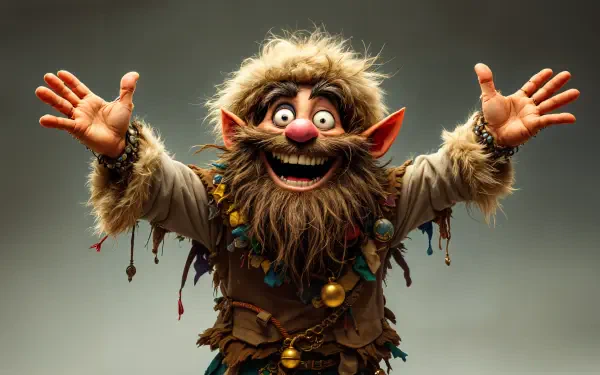 A cheerful, furry goblin with a wild beard and playful expression, extending his arms. A vibrant image, perfect as a 4K Ultra HD PC desktop wallpaper.