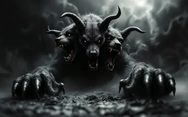 A menacing depiction of Cerberus, the three-headed dog, emerging from a dark, smoky background. This striking image serves as a vivid 4K Ultra HD PC desktop wallpaper.