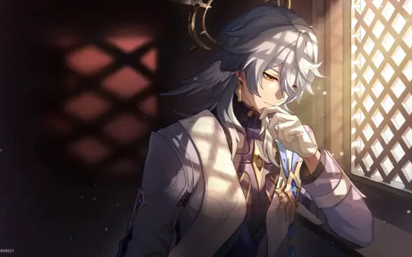 HD PC desktop wallpaper featuring Sunday from Honkai: Star Rail, illuminated by warm window light with detailed shadows and a contemplative expression.
