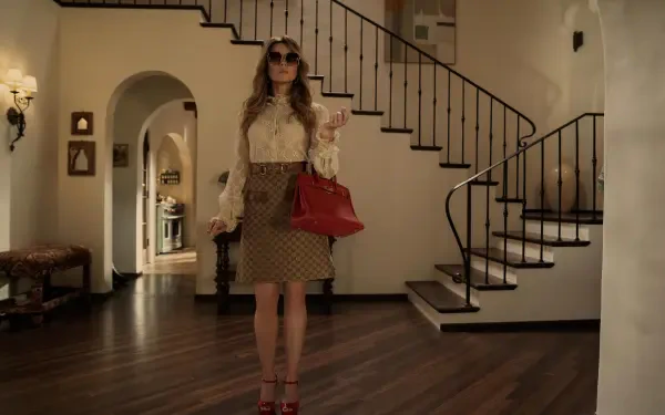 A stylish scene from the TV show No Good Deed (2024) featuring Linda Cardellini. She stands confidently in a chic outfit, holding a red handbag in a spacious foyer.