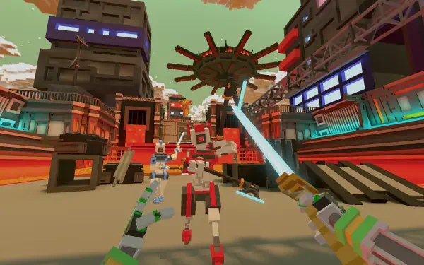 HD PC desktop wallpaper featuring a vibrant scene from the video game Clone Drone in the Hyperdome, showcasing robotic combat in a futuristic arena.