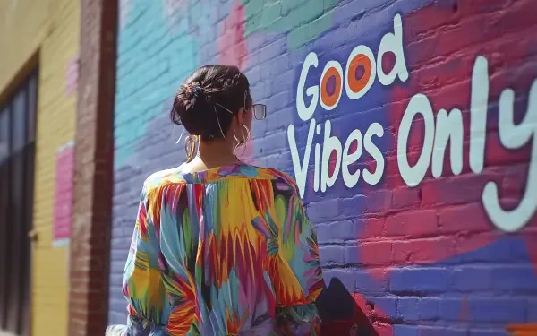 A vibrant graffiti mural featuring the quote Good Vibes Only, with a person in a colorful outfit standing beside it, creating a cheerful and uplifting atmosphere. HD desktop wallpaper.