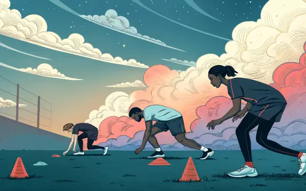 A vibrant 4K Ultra HD wallpaper featuring athletes training on a field, focusing on their movements around orange cones under a dramatic sky with colorful clouds.