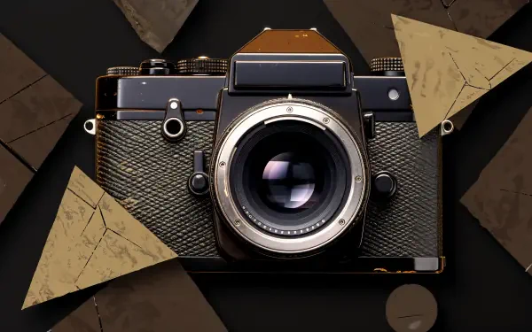 A close-up of a vintage camera surrounded by textured geometric shapes, presented in a 4K Ultra HD PC desktop wallpaper format, featuring rich colors and intricate details.