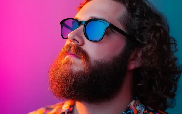 A hipster man with curly hair and a thick beard gazes upward, wearing stylish sunglasses, against a vibrant pink and blue background. This image serves as a 4K Ultra HD desktop wallpaper.