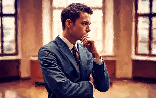 A contemplative man in a suit stands with his hand on his chin, gazing thoughtfully out of a window, captured in a 4K Ultra HD PC desktop wallpaper.