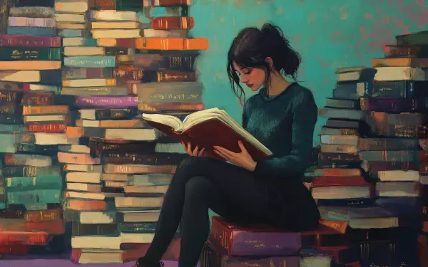 A woman reading a book sits amidst a towering stack of books in this vibrant 4K Ultra HD desktop wallpaper. The cozy atmosphere evokes a love for literature.