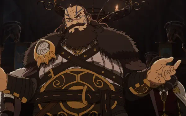 A powerful character portrayed in an anime style, inspired by The Lord of the Rings: The War of the Rohirrim, featuring Viking elements and intricate armor designs. Perfect for desktop backgrounds.