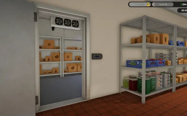 An interior view from the game Fast Food Simulator, featuring a cooler door and shelves stocked with colorful boxes and food supplies, presented in 4K Ultra HD.
