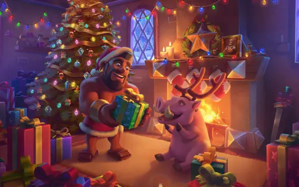 A festive scene from Clash of Clans featuring a character in a Santa hat and a gift-giving pig by a decorated Christmas tree and a cozy fireplace, enveloped in holiday cheer.