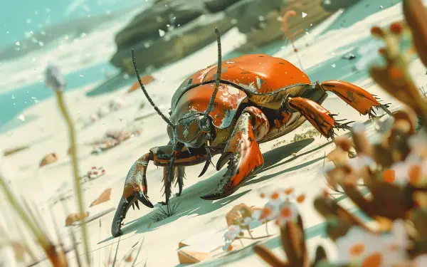 A vibrant bugcore-themed 4K Ultra HD wallpaper featuring a detailed orange beetle walking across a sandy landscape, surrounded by plants and a serene background.