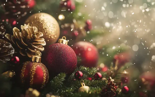 A festive arrangement of red and gold Christmas ornaments, pine cones, and shimmering lights captures the holiday spirit in this vibrant 4K Ultra HD desktop wallpaper.