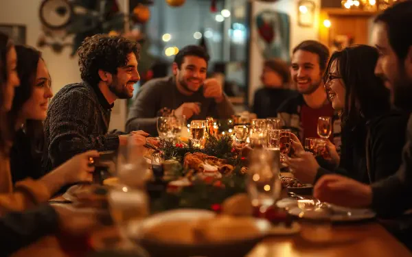 A festive holiday party scene featuring a diverse group of friends enjoying a meal together, surrounded by warm lighting and decorations. 4K Ultra HD desktop wallpaper and background.