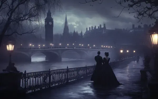 A couple dressed in Victorian attire stands by a misty river, with a view of a grand clock tower and a bridge illuminated by lanterns, creating a romantic, timeless atmosphere.