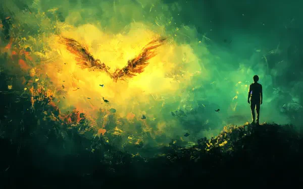A silhouette stands before a vibrant, ethereal landscape, where fiery wings emerge from a luminous background, embodying themes of hope and transformation in this stunning 4K Ultra HD wallpaper.