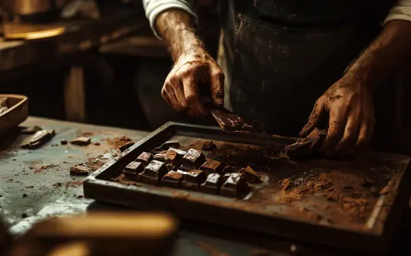 A close-up of hands crafting artisanal chocolate on a rustic wooden table, showcasing pieces of rich chocolate and a warm, inviting atmosphere. 4K Ultra HD wallpaper.
