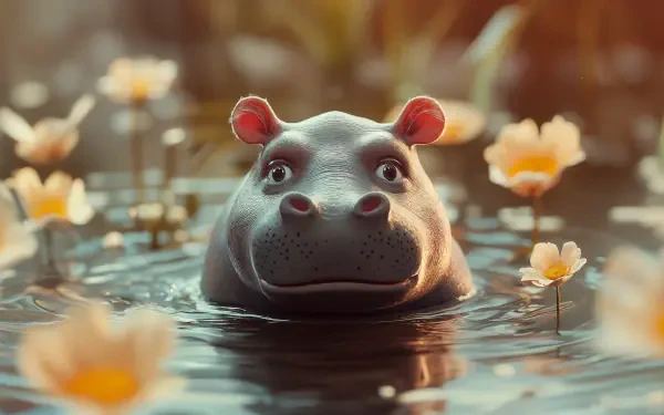 A serene 4K Ultra HD wallpaper featuring a hippo emerging from a tranquil water scene surrounded by blooming flowers, capturing a moment of natural beauty.