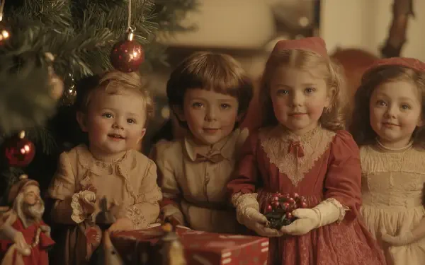 A nostalgic vintage Christmas scene featuring four joyful children beside a decorated tree, exuding warmth and festive spirit. Available as a 4K Ultra HD desktop wallpaper.