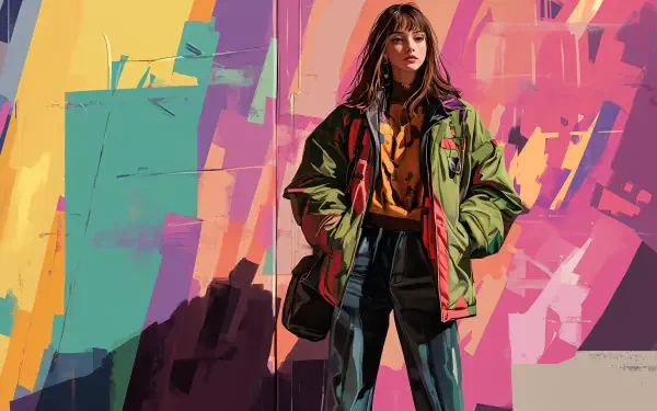 A stylish individual poses confidently against a vibrant, abstract backdrop, showcasing a trendy outfit. This 4K Ultra HD wallpaper captures fashion-forward aesthetics.