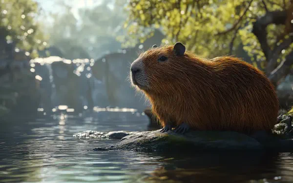 A capybara rests on a rock by a river in a serene natural setting, captured in 4K Ultra HD as a wildlife desktop wallpaper.