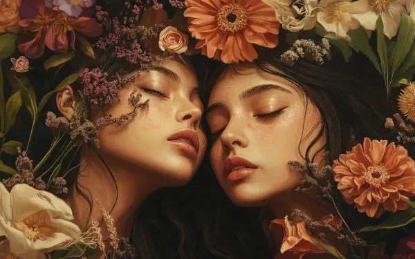 A serene 4K Ultra HD desktop wallpaper featuring two women with closed eyes, surrounded by vibrant flowers, symbolizing sisterhood and connection.