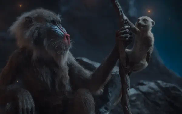 HD PC desktop wallpaper featuring a scene from the movie Mufasa: The Lion King, showing a baboon holding a young monkey against a nighttime backdrop.