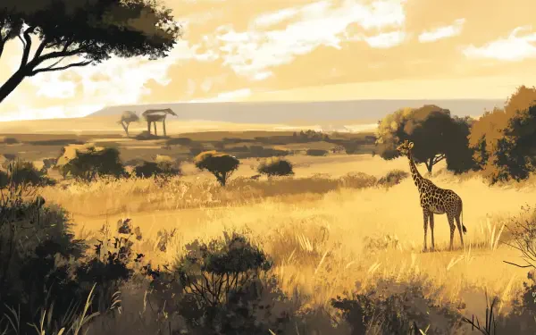 A serene safari scene featuring a giraffe standing gracefully in a golden landscape with distant trees and a calm horizon, perfect as an HD PC desktop wallpaper.