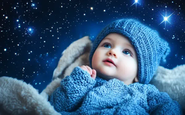 A cute baby in a cozy blue outfit gazes upward against a starry sky, creating a magical and enchanting atmosphere. This HD wallpaper adds charm to any desktop background.