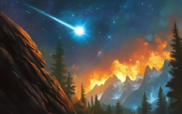 A stunning HD wallpaper featuring a shooting star illuminating a smoky mountain landscape, where fiery colors blend with a starry night sky and towering pine trees.