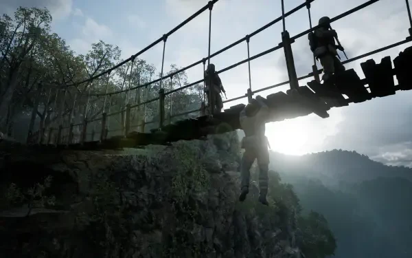 A dramatic scene from Metal Gear Solid Δ: Snake Eater, featuring a character hanging precariously from a rickety bridge with soldiers in the background and a misty landscape.