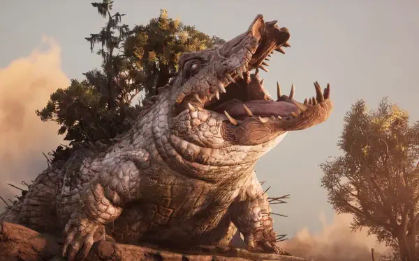 A massive, ancient crocodile with a tree growing on its back roars in a vibrant landscape, showcasing stunning detail as a visual from the video game South of Midnight in 4K Ultra HD.