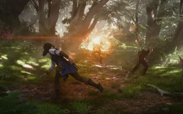 A vibrant scene from the video game Fable (2025), featuring characters in a lush forest setting, with dramatic lighting and action unfolding amidst the trees. HD PC desktop wallpaper.