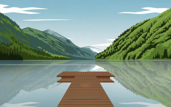A serene mountain lake scene featuring a wooden dock extending into calm waters, surrounded by lush green hills under a clear sky. Captured in stunning 4K Ultra HD resolution.