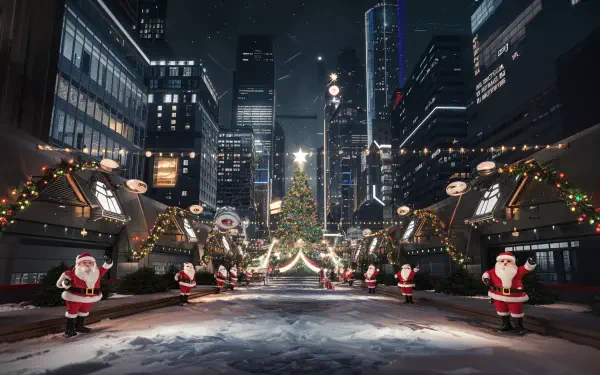 A festive urban scene showcases Santa Claus figures amid holiday decorations and twinkling lights, capturing the vibrant holiday spirit in a 4K Ultra HD backdrop.