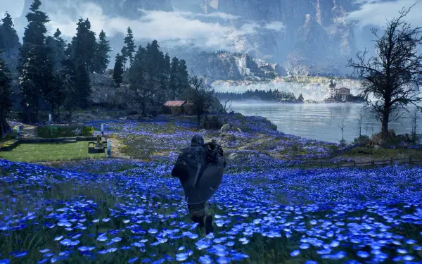 A scenic HD wallpaper from the video game Hell is Us, showcasing a character traversing through vibrant blue flowers with a serene lake and mountains in the background.