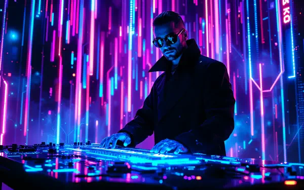 A cyberneticist in sunglasses interacts with a futuristic console, surrounded by vibrant, glowing vertical lines in purple and blue, creating an immersive digital atmosphere.