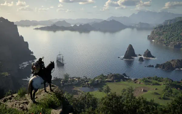 A breathtaking landscape from the video game Crimson Desert, showcasing a figure on horseback overlooking a serene bay with islands and distant mountains in stunning 4K Ultra HD.