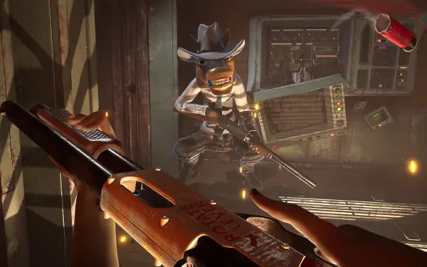 A dynamic HD wallpaper from the video game Judas (2025), featuring a character in a cowboy hat wielding a rifle in a gritty, atmospheric setting.