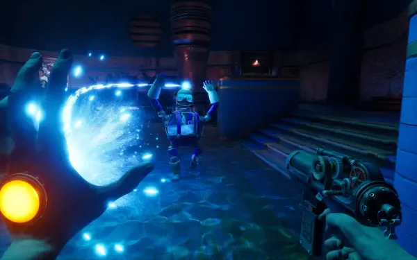 A dynamic scene from the video game Judas (2025), featuring a character wielding a glowing orb and a futuristic weapon, set against a vividly designed environment. 4K Ultra HD resolution.
