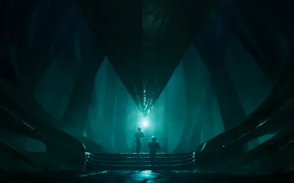 A captivating HD wallpaper from the video game Exodus (2024), depicting dark, atmospheric surroundings with figures illuminated by a mysterious blue light.