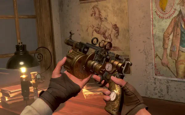 A detailed close-up of a character's hands holding a steampunk-inspired firearm, set against a rustic background, from the video game Clockwork Revolution. 4K Ultra HD wallpaper.