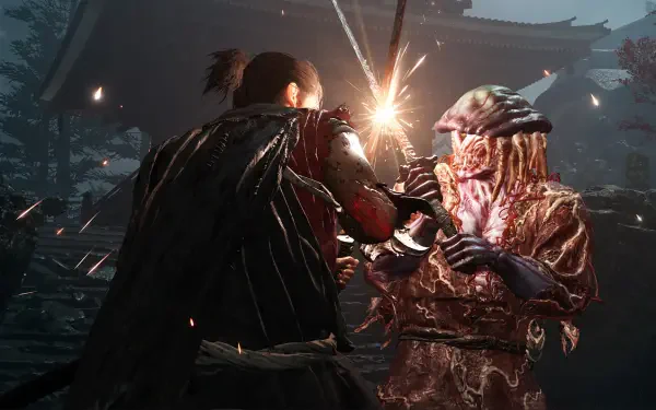 A dynamic scene from the video game Onimusha: Way of the Sword, showcasing a fierce battle between a warrior and a supernatural foe amidst a dramatic backdrop. HD PC desktop wallpaper.