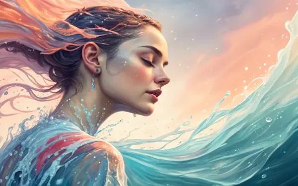 A serene portrait of a woman with flowing hair, surrounded by ocean waves, captured in vibrant colors. This beautiful 4K Ultra HD wallpaper evokes a sense of calm and wonder.