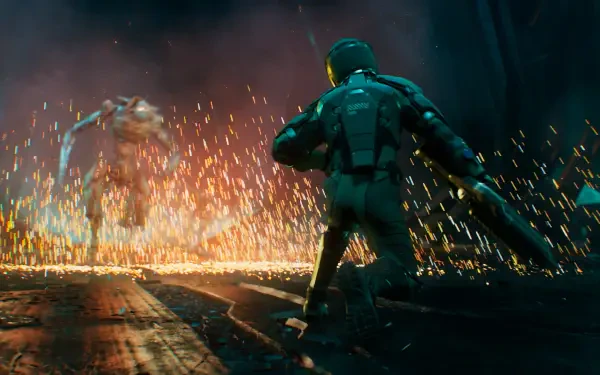 A dynamic scene from the video game Exodus (2024), showcasing an intense battle with sparks flying, set against a dark, atmospheric backdrop. HD PC desktop wallpaper.