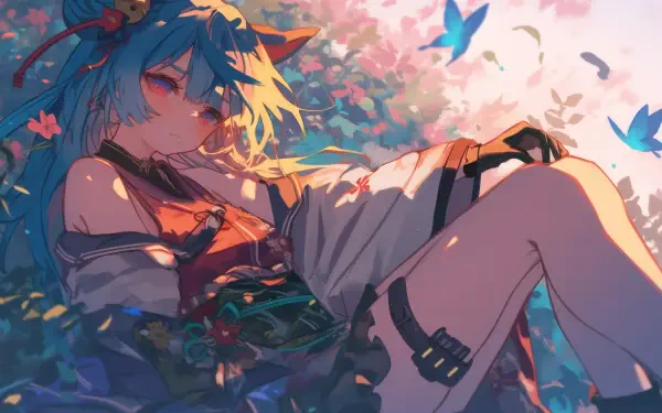 HD anime wallpaper featuring Yukihana Lamy, a popular Virtual YouTuber from Hololive, surrounded by vibrant flowers and butterflies in a serene setting.