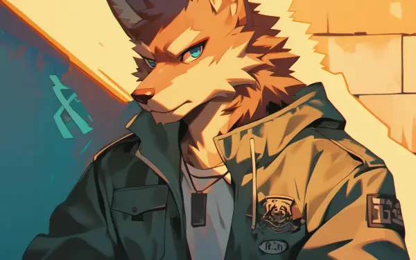 A detailed HD desktop wallpaper featuring an anthropomorphic wolf character in a jacket, set against a colorful background, showcasing a blend of anime style and furry art.
