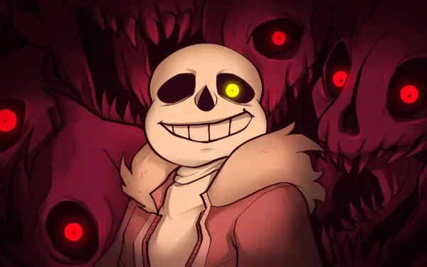 HD PC desktop wallpaper featuring Sans from Undertale with a confident smile, surrounded by dark, glowing red-eyed figures in a shadowy background.