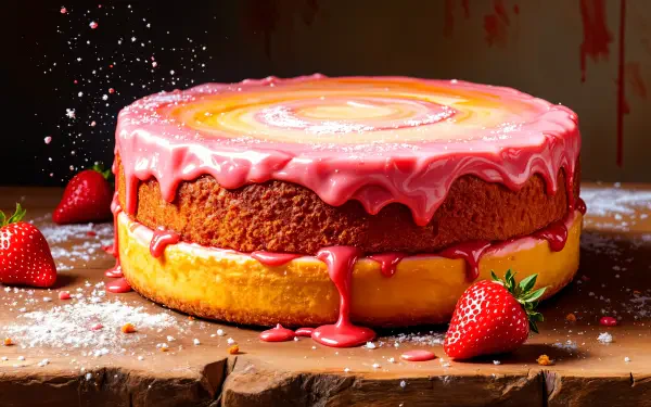 A vibrant strawberry cake with a glossy pink glaze, sitting on a wooden board, surrounded by fresh strawberries and a sprinkle of powdered sugar, captured in stunning 4K Ultra HD.